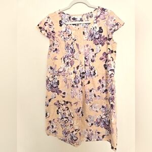J. Jill Love Linen Floral Short Sleeve Dress purple and cream | Small Petite